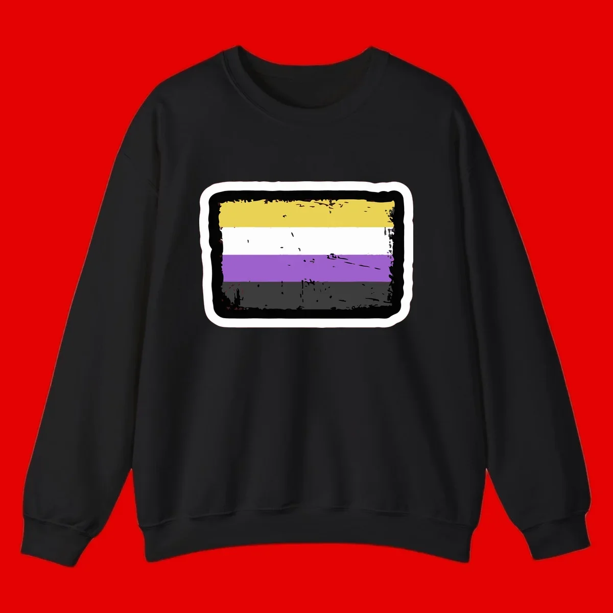 Nonbinary pride flag design with yellow, white, purple, and gray horizontal stripes in distressed grunge style