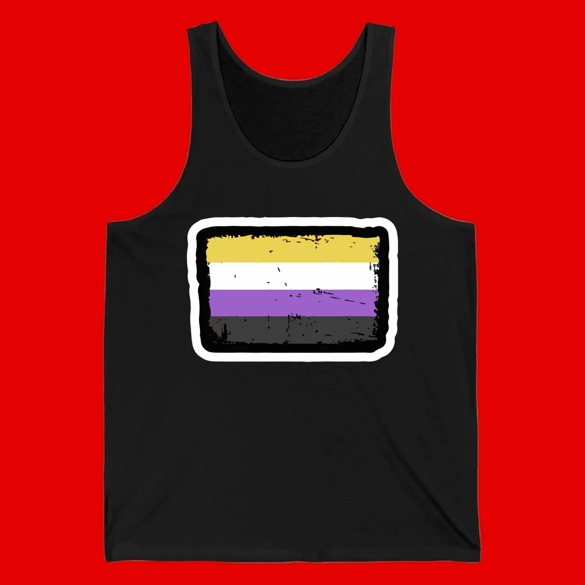 Nonbinary pride flag design with yellow, white, purple, and gray horizontal stripes in distressed grunge style