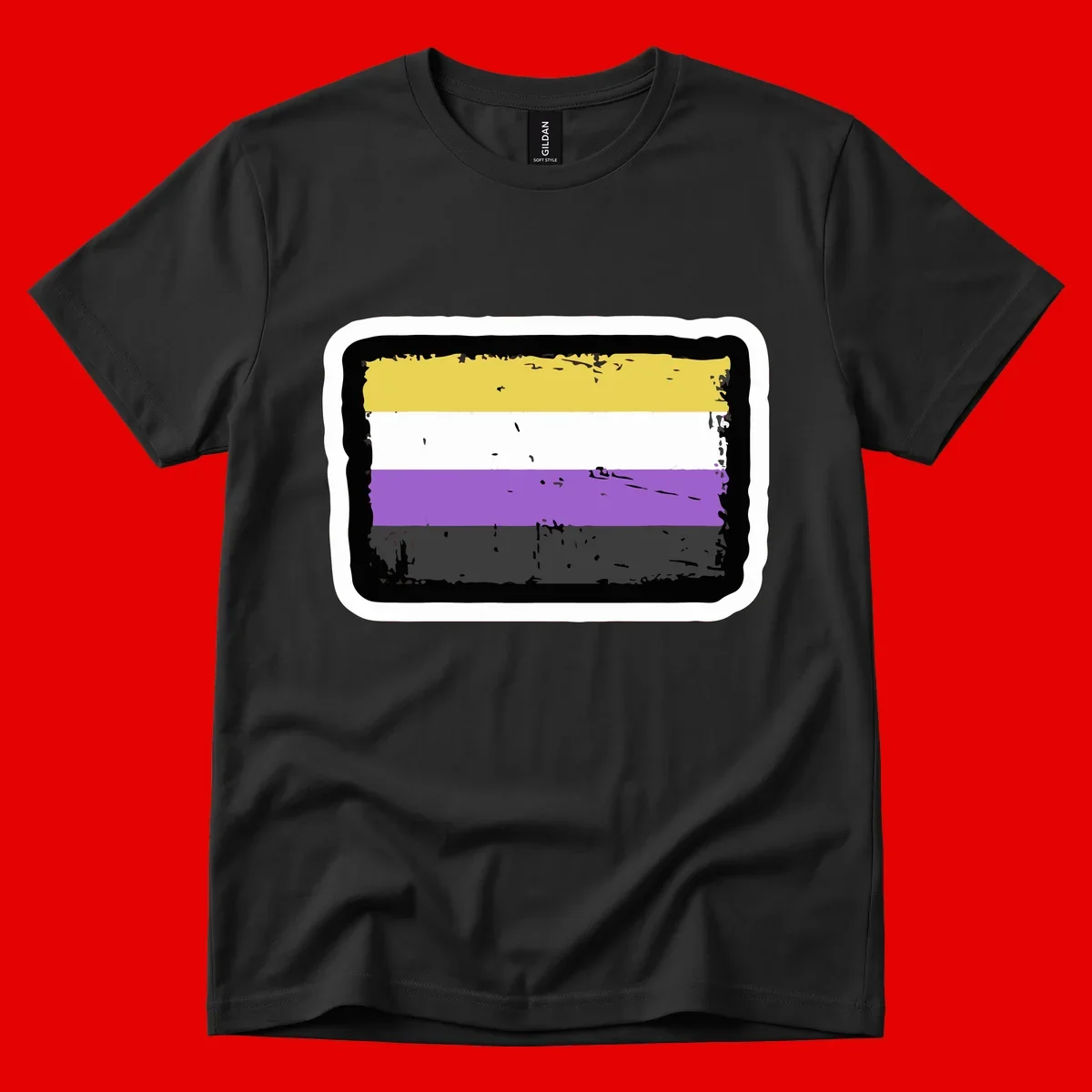 Nonbinary pride flag design with yellow, white, purple, and gray horizontal stripes in distressed grunge style