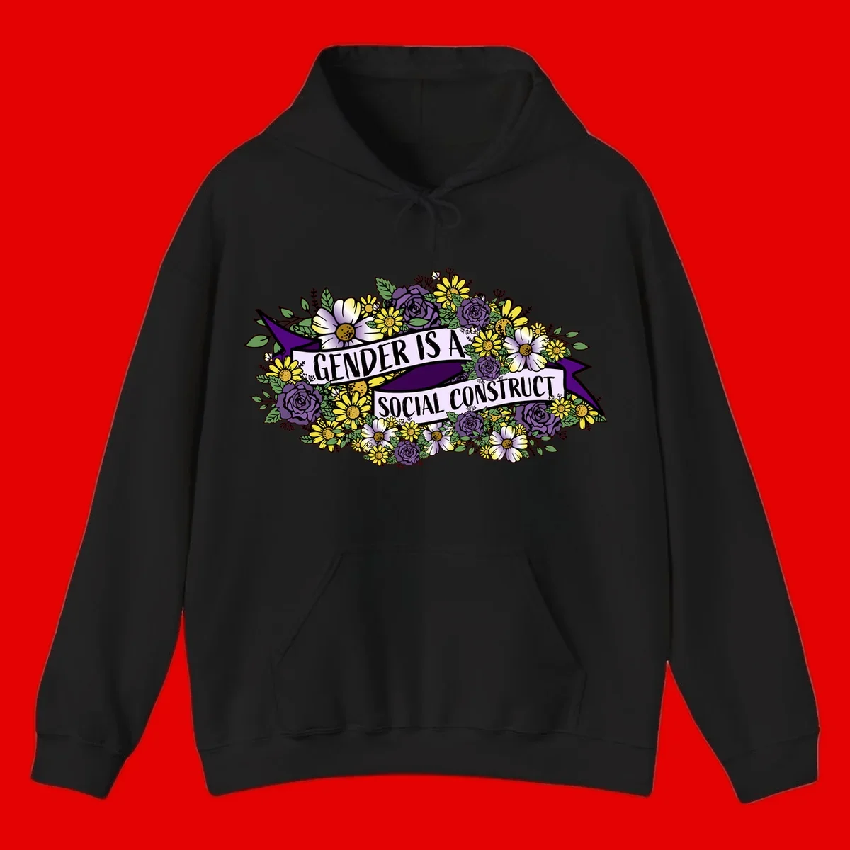 Colorful floral illustration with purple roses and yellow daisies surrounding a banner reading 'Gender Is A Social Construct' in bold text.