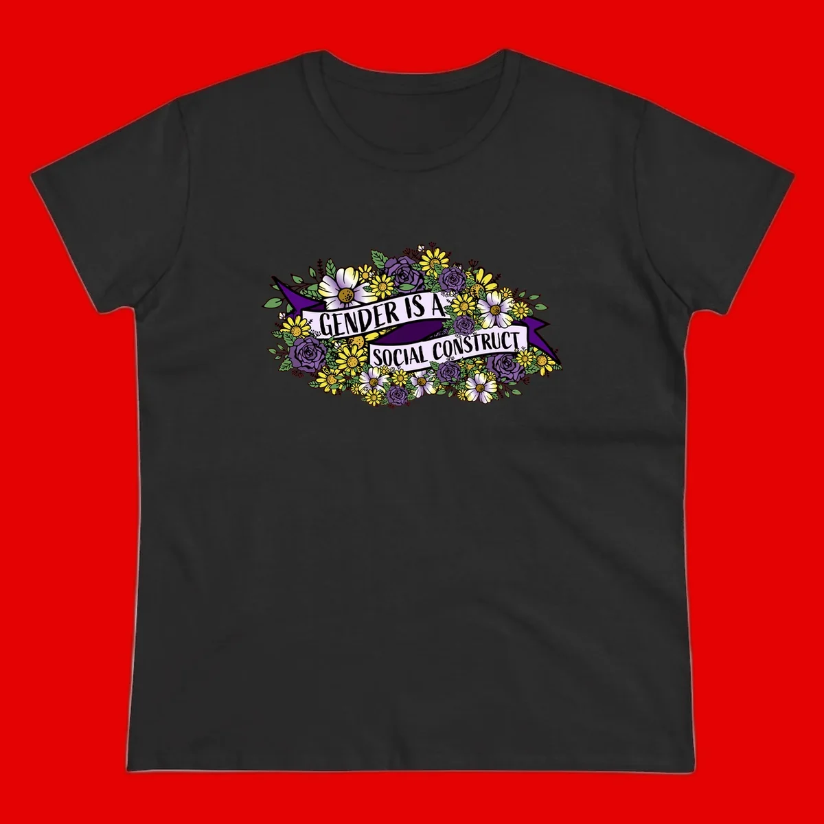 Colorful floral illustration with purple roses and yellow daisies surrounding a banner reading 'Gender Is A Social Construct' in bold text.