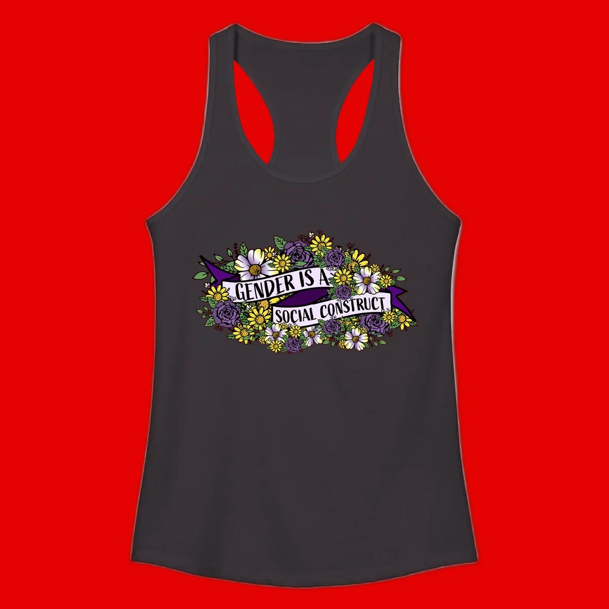 Colorful floral illustration with purple roses and yellow daisies surrounding a banner reading 'Gender Is A Social Construct' in bold text.