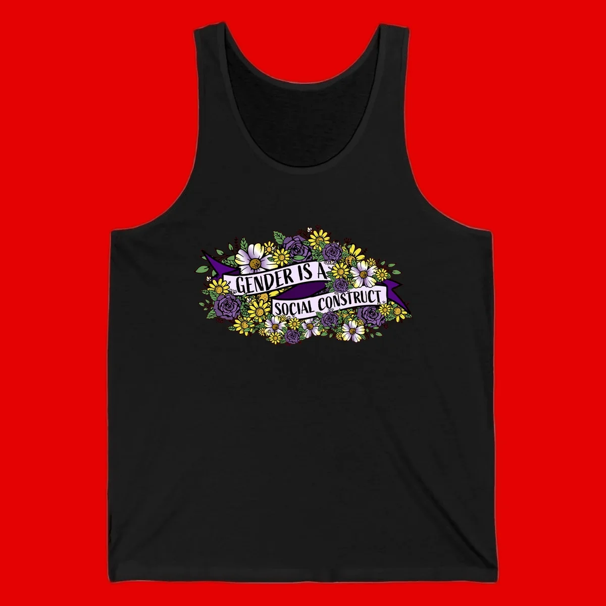 Colorful floral illustration with purple roses and yellow daisies surrounding a banner reading 'Gender Is A Social Construct' in bold text.