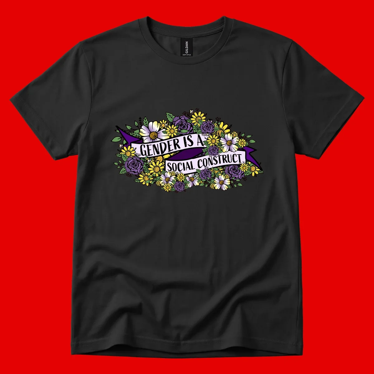 Colorful floral illustration with purple roses and yellow daisies surrounding a banner reading 'Gender Is A Social Construct' in bold text.