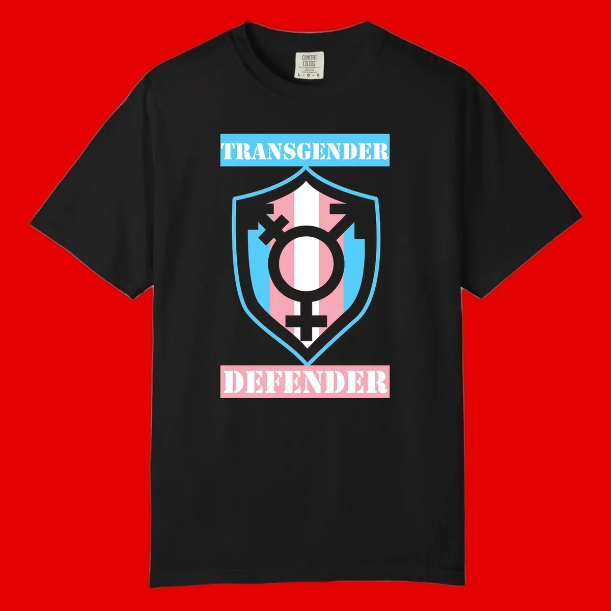 Transgender defender shield badge with centered symbol, protective arrows, and cyan-pink color scheme