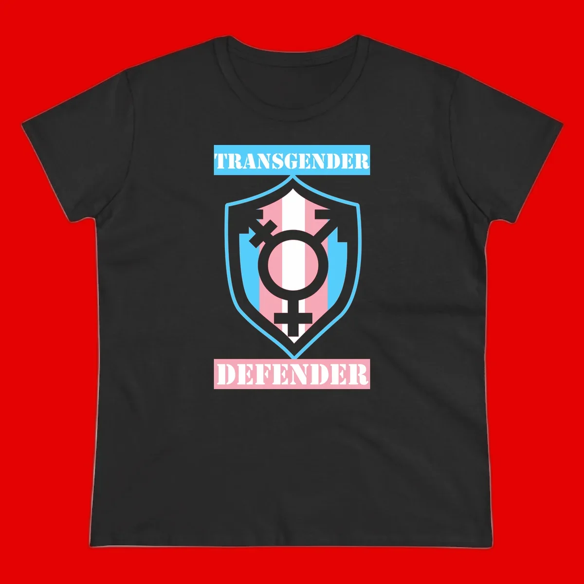 Transgender defender shield badge with centered symbol, protective arrows, and cyan-pink color scheme