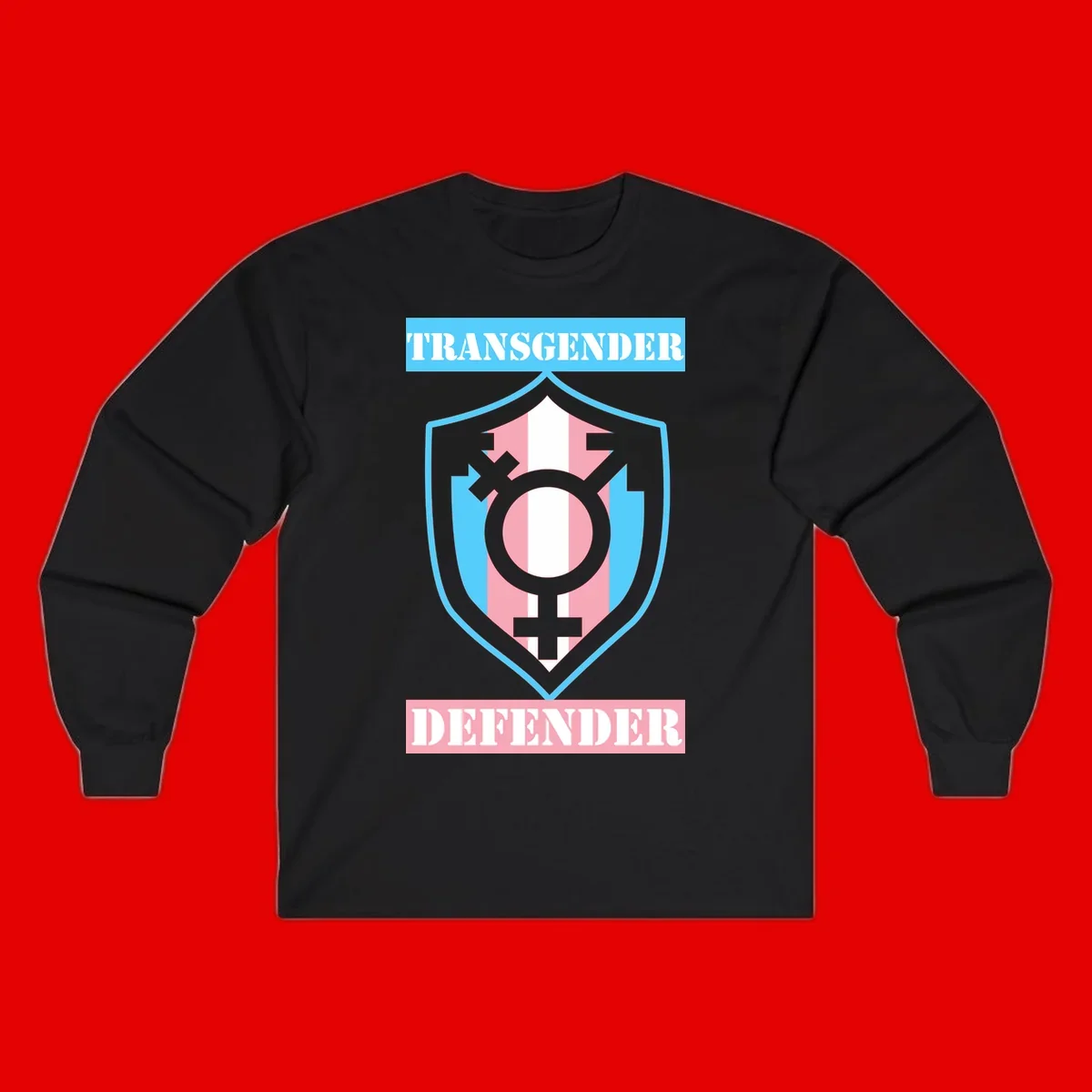 Transgender defender shield badge with centered symbol, protective arrows, and cyan-pink color scheme