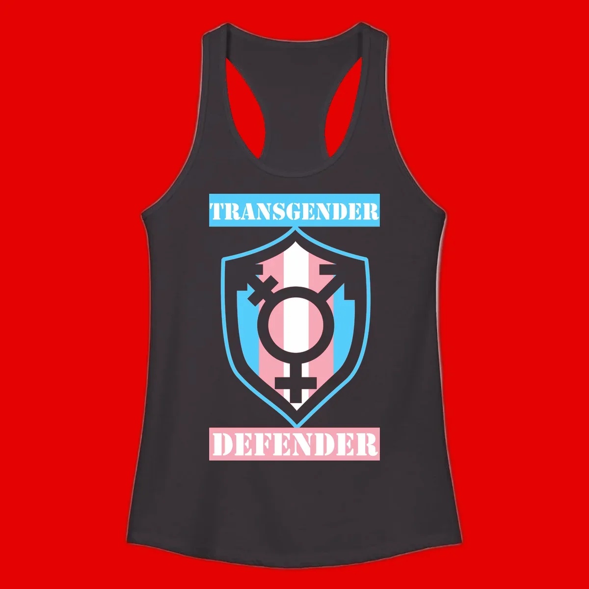 Transgender defender shield badge with centered symbol, protective arrows, and cyan-pink color scheme