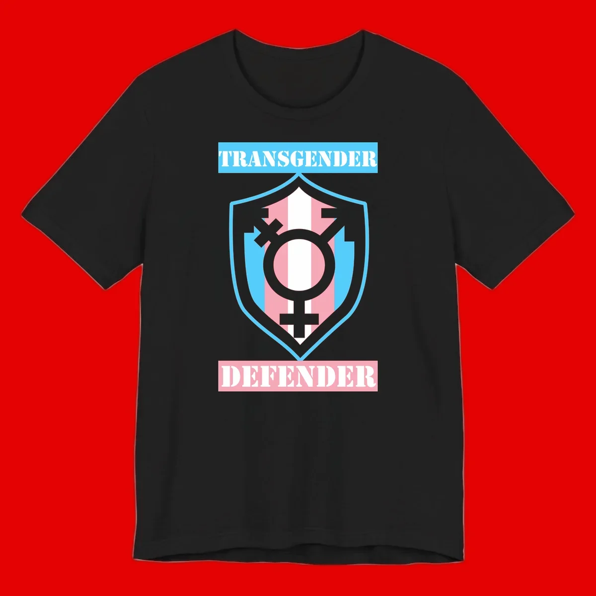 Transgender defender shield badge with centered symbol, protective arrows, and cyan-pink color scheme