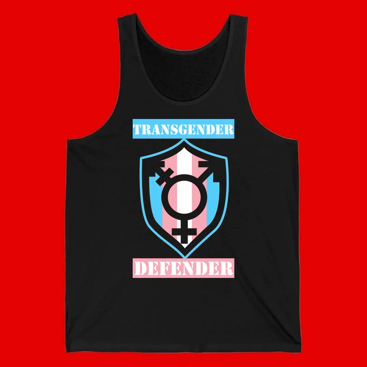 Transgender defender shield badge with centered symbol, protective arrows, and cyan-pink color scheme