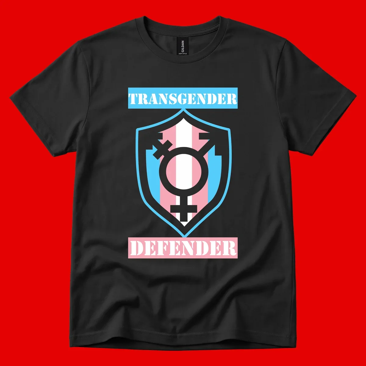Transgender defender shield badge with centered symbol, protective arrows, and cyan-pink color scheme