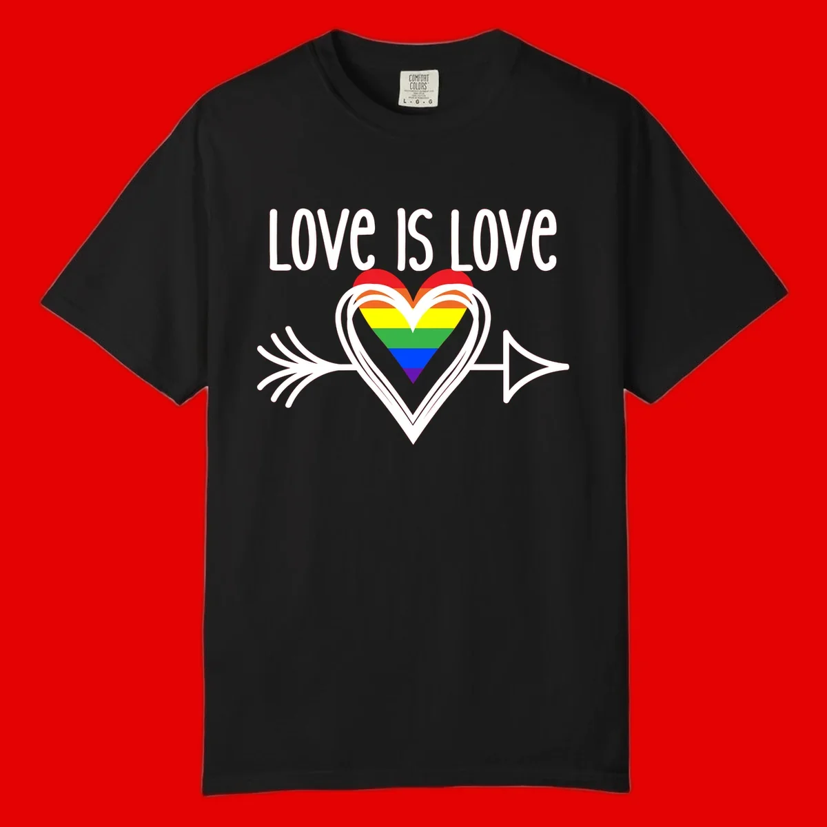 Love is love pride design featuring a white heart outline with rainbow-colored heart inside and decorative wing flourishes on gray background