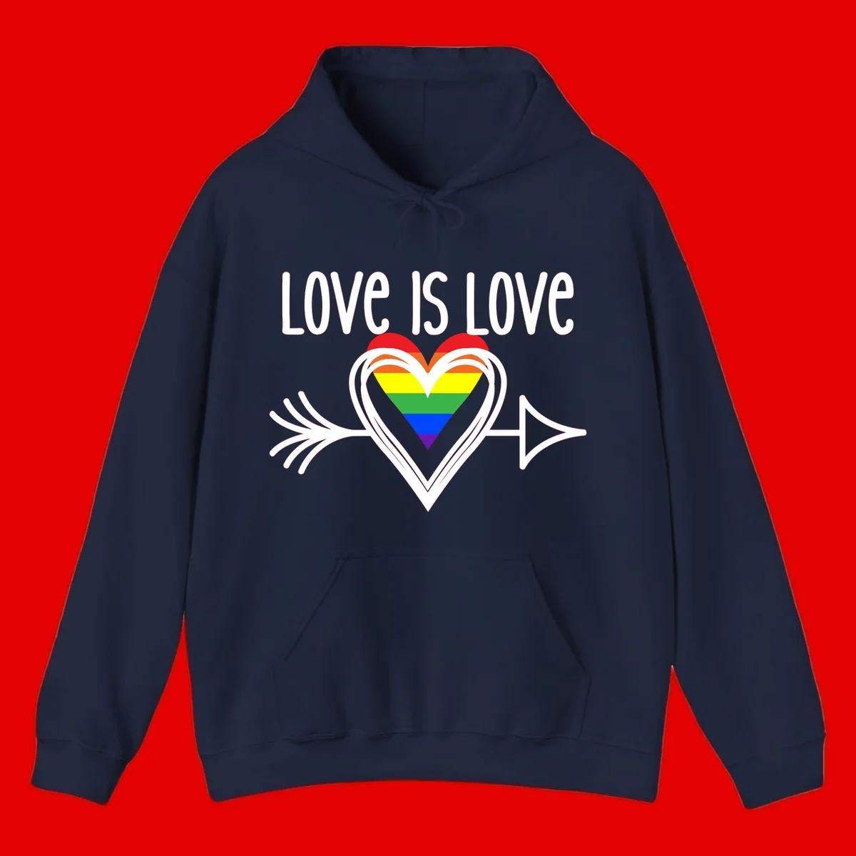 Love is love pride design featuring a white heart outline with rainbow-colored heart inside and decorative wing flourishes on gray background