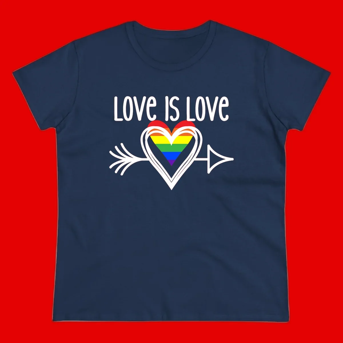 Love is love pride design featuring a white heart outline with rainbow-colored heart inside and decorative wing flourishes on gray background