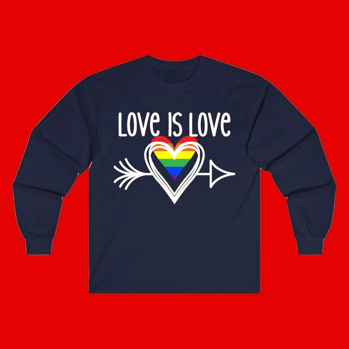 Love is love pride design featuring a white heart outline with rainbow-colored heart inside and decorative wing flourishes on gray background