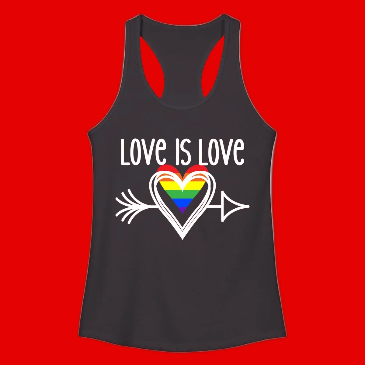Love is love pride design featuring a white heart outline with rainbow-colored heart inside and decorative wing flourishes on gray background