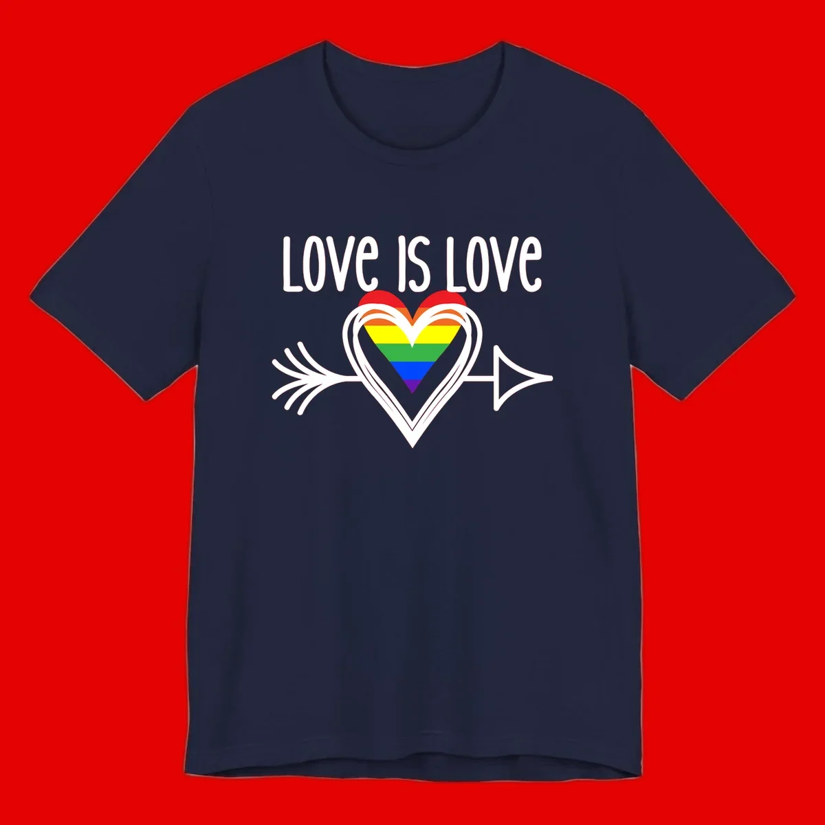 Love is love pride design featuring a white heart outline with rainbow-colored heart inside and decorative wing flourishes on gray background