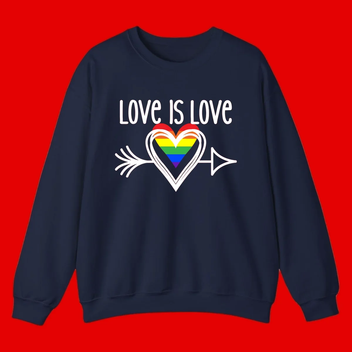 Love is love pride design featuring a white heart outline with rainbow-colored heart inside and decorative wing flourishes on gray background