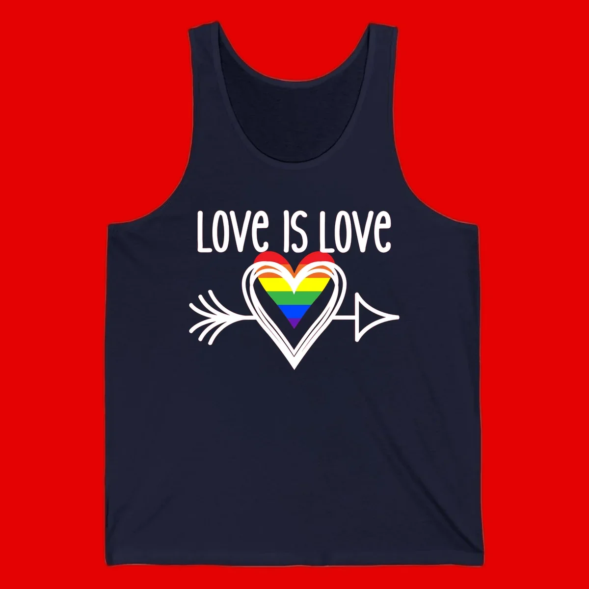 Love is love pride design featuring a white heart outline with rainbow-colored heart inside and decorative wing flourishes on gray background