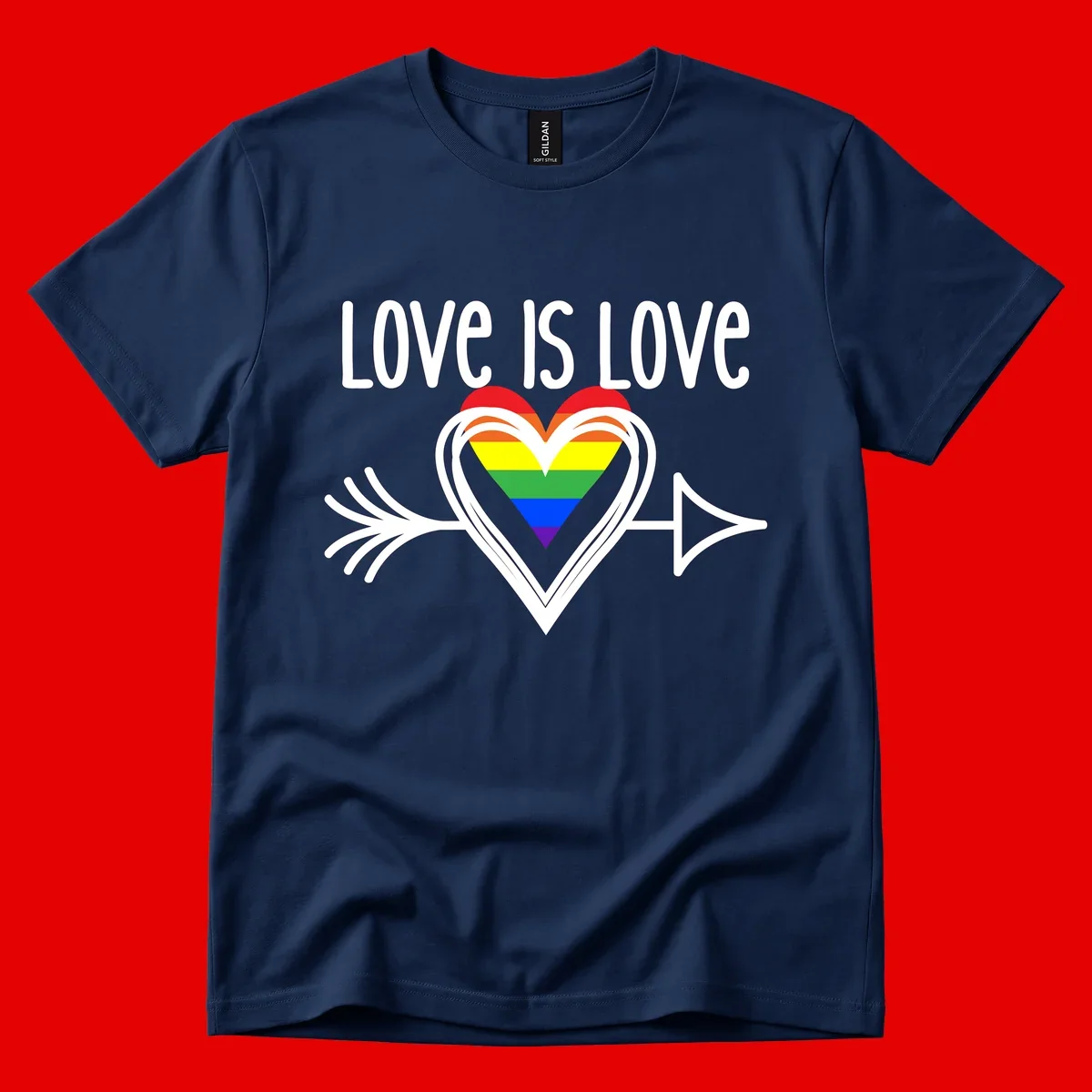 Love is love pride design featuring a white heart outline with rainbow-colored heart inside and decorative wing flourishes on gray background