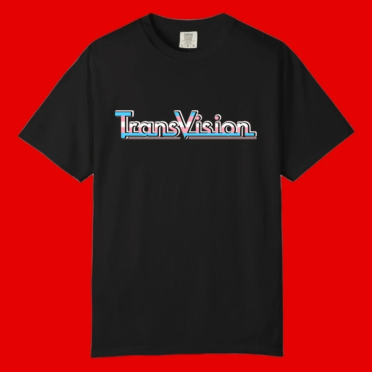 TransVision typography with transgender pride flag colors—cyan, pink, and white integrated into bold modern lettering