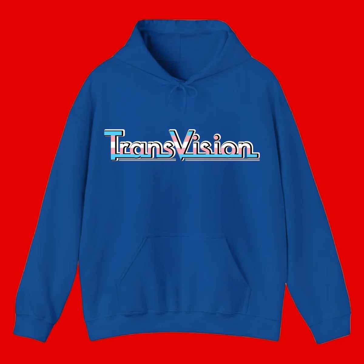 TransVision typography with transgender pride flag colors—cyan, pink, and white integrated into bold modern lettering