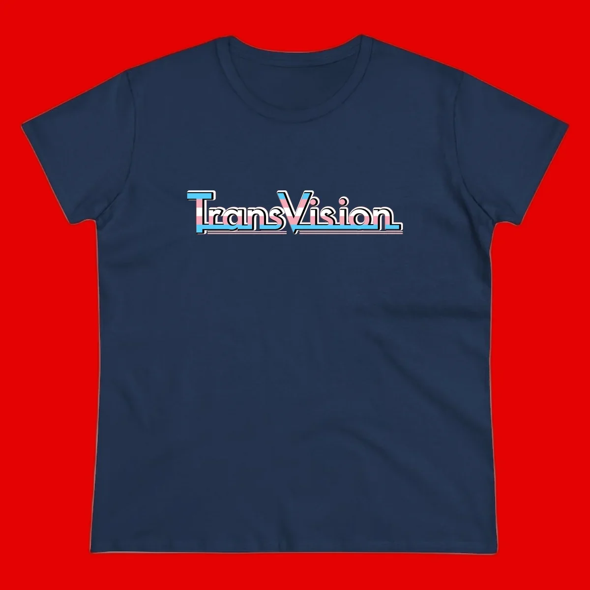 TransVision typography with transgender pride flag colors—cyan, pink, and white integrated into bold modern lettering