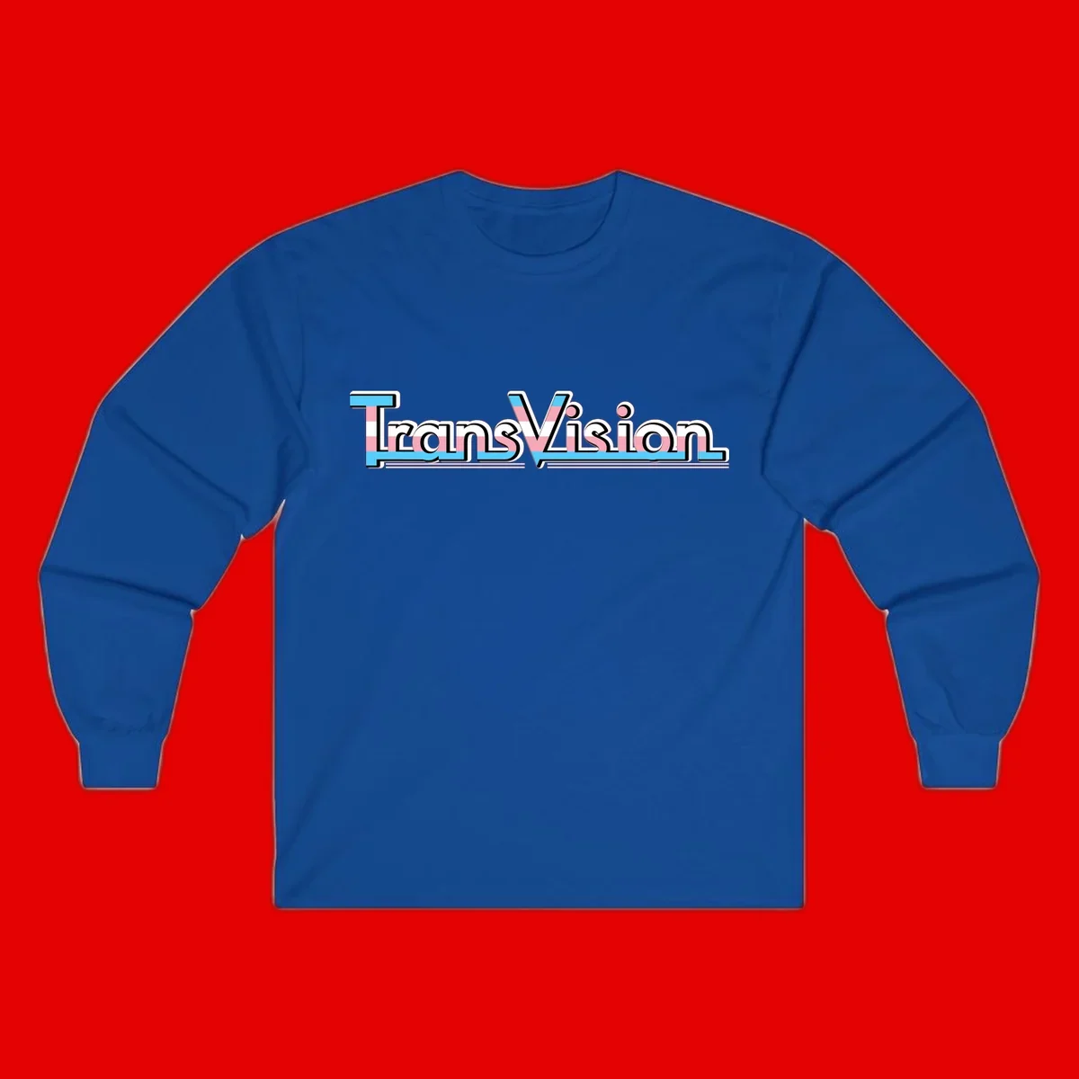 TransVision typography with transgender pride flag colors—cyan, pink, and white integrated into bold modern lettering