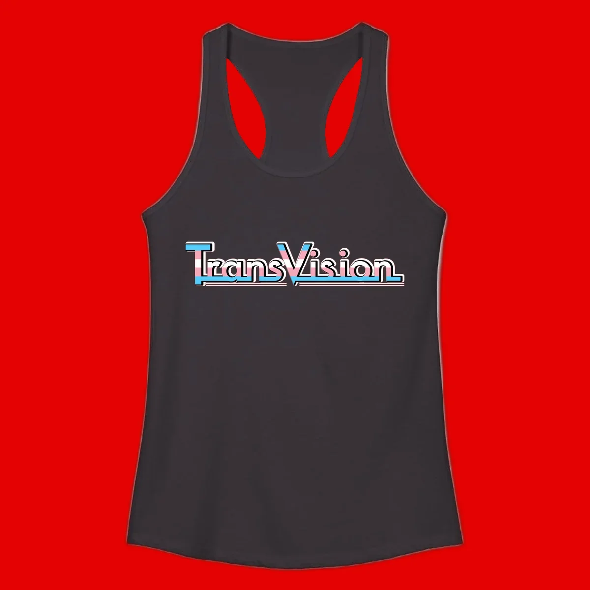 TransVision typography with transgender pride flag colors—cyan, pink, and white integrated into bold modern lettering