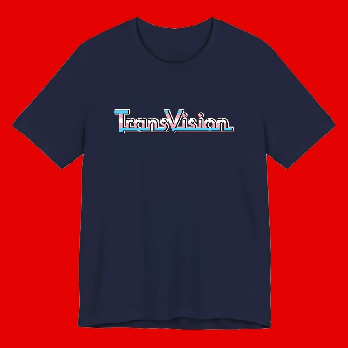 TransVision typography with transgender pride flag colors—cyan, pink, and white integrated into bold modern lettering