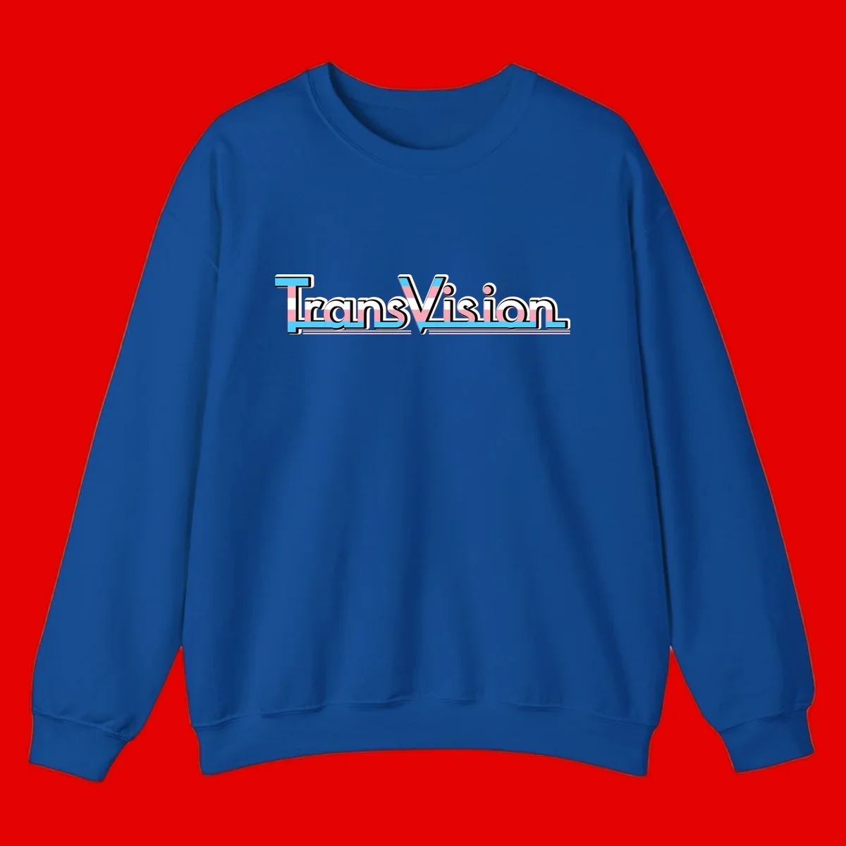 TransVision typography with transgender pride flag colors—cyan, pink, and white integrated into bold modern lettering