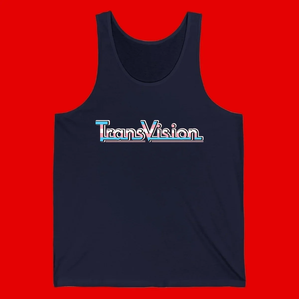 TransVision typography with transgender pride flag colors—cyan, pink, and white integrated into bold modern lettering