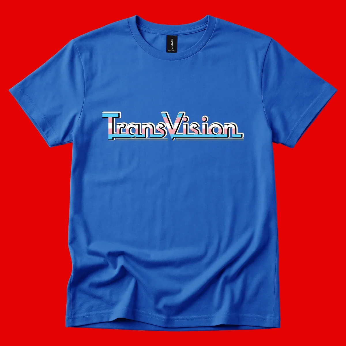 TransVision typography with transgender pride flag colors—cyan, pink, and white integrated into bold modern lettering