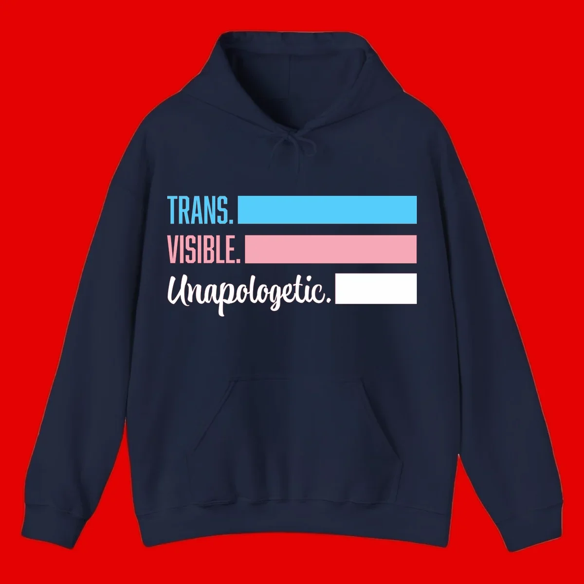 Trans visible unapologetic design with cyan, pink, white and gray horizontal stripes and layered typography