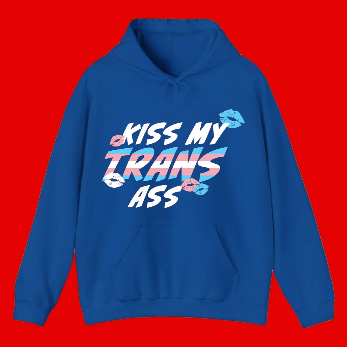 Kiss my trips ass design with trans flag striped text and colorful lip illustrations on gray background