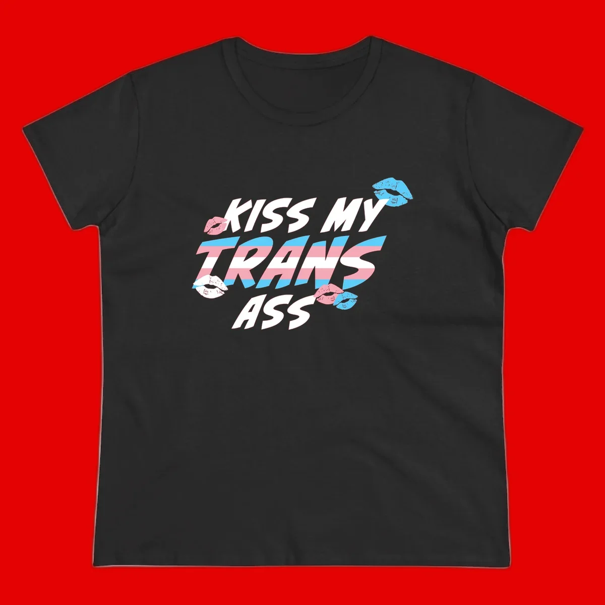 Kiss my trips ass design with trans flag striped text and colorful lip illustrations on gray background