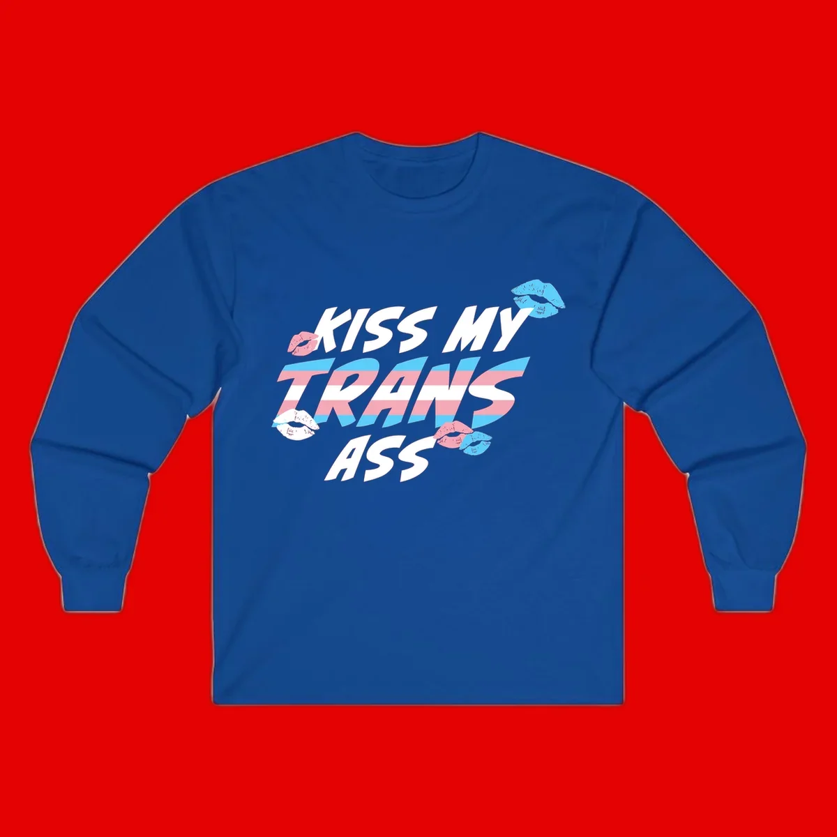 Kiss my trips ass design with trans flag striped text and colorful lip illustrations on gray background