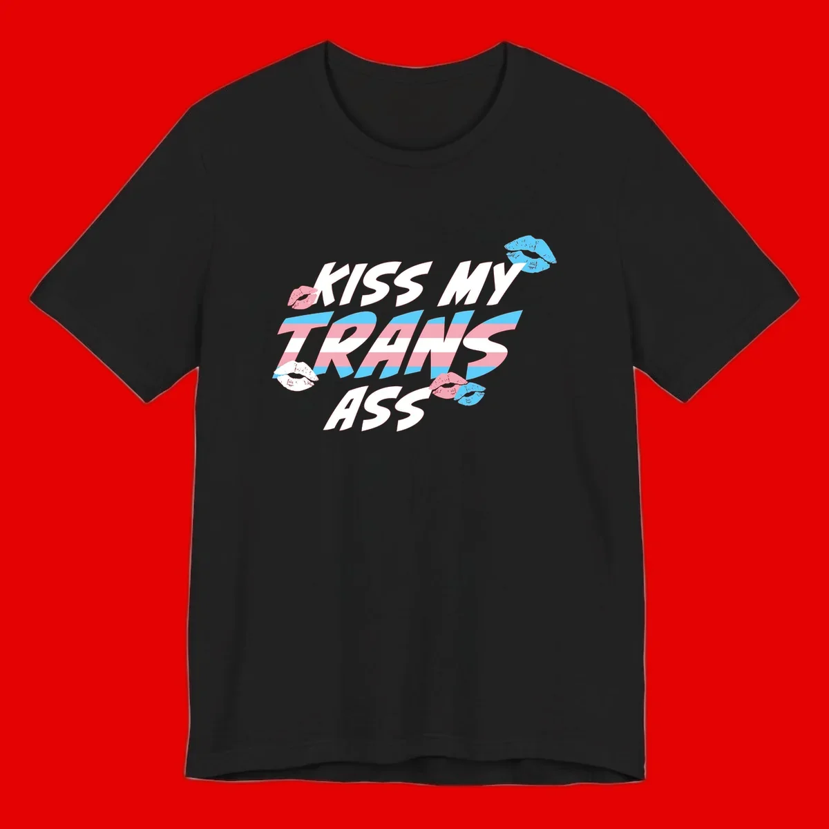 Kiss my trips ass design with trans flag striped text and colorful lip illustrations on gray background