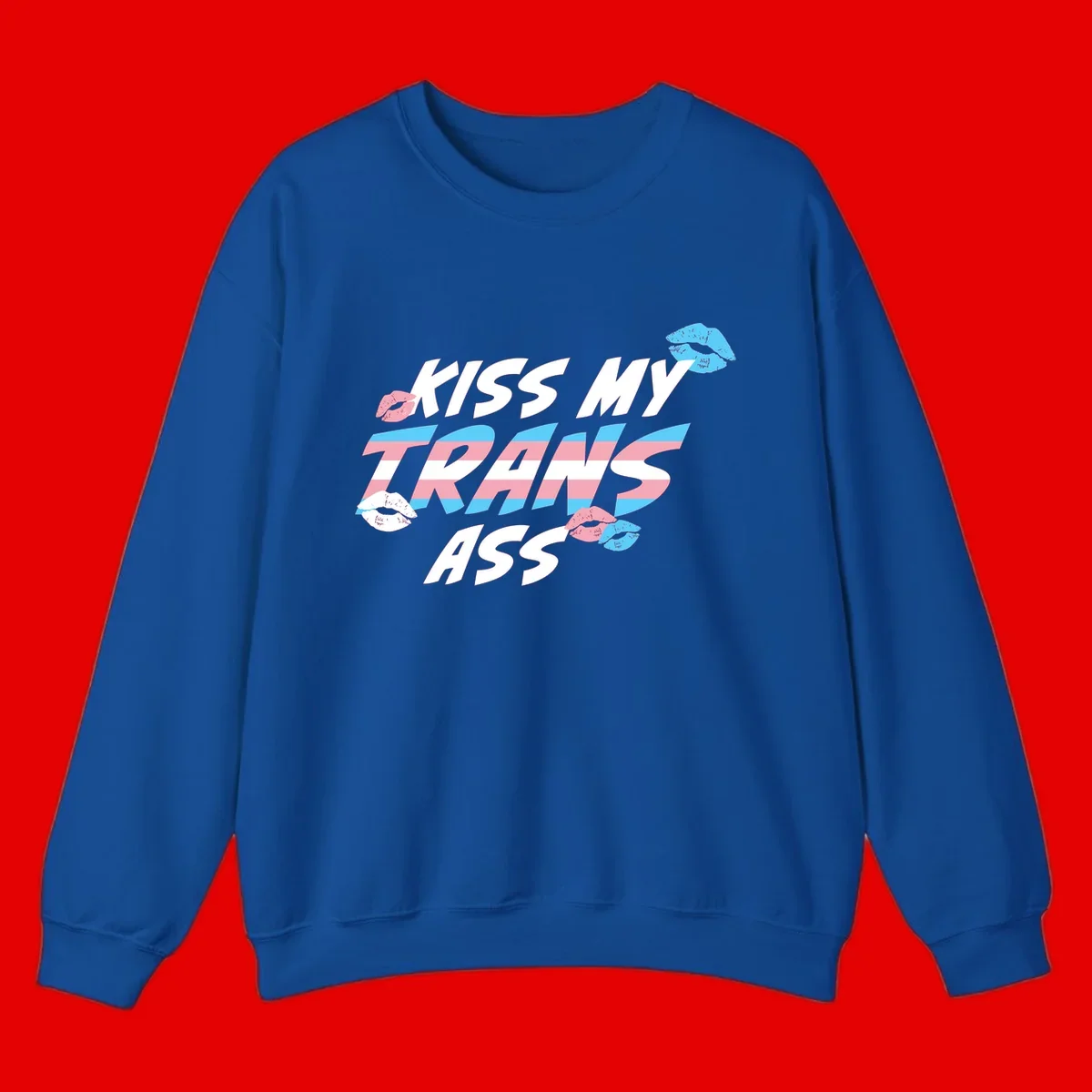 Kiss my trips ass design with trans flag striped text and colorful lip illustrations on gray background
