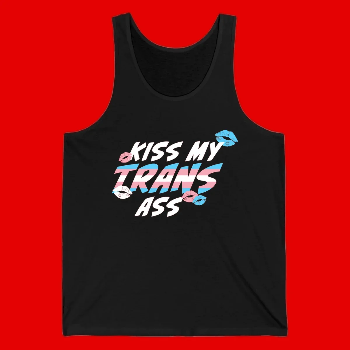 Kiss my trips ass design with trans flag striped text and colorful lip illustrations on gray background