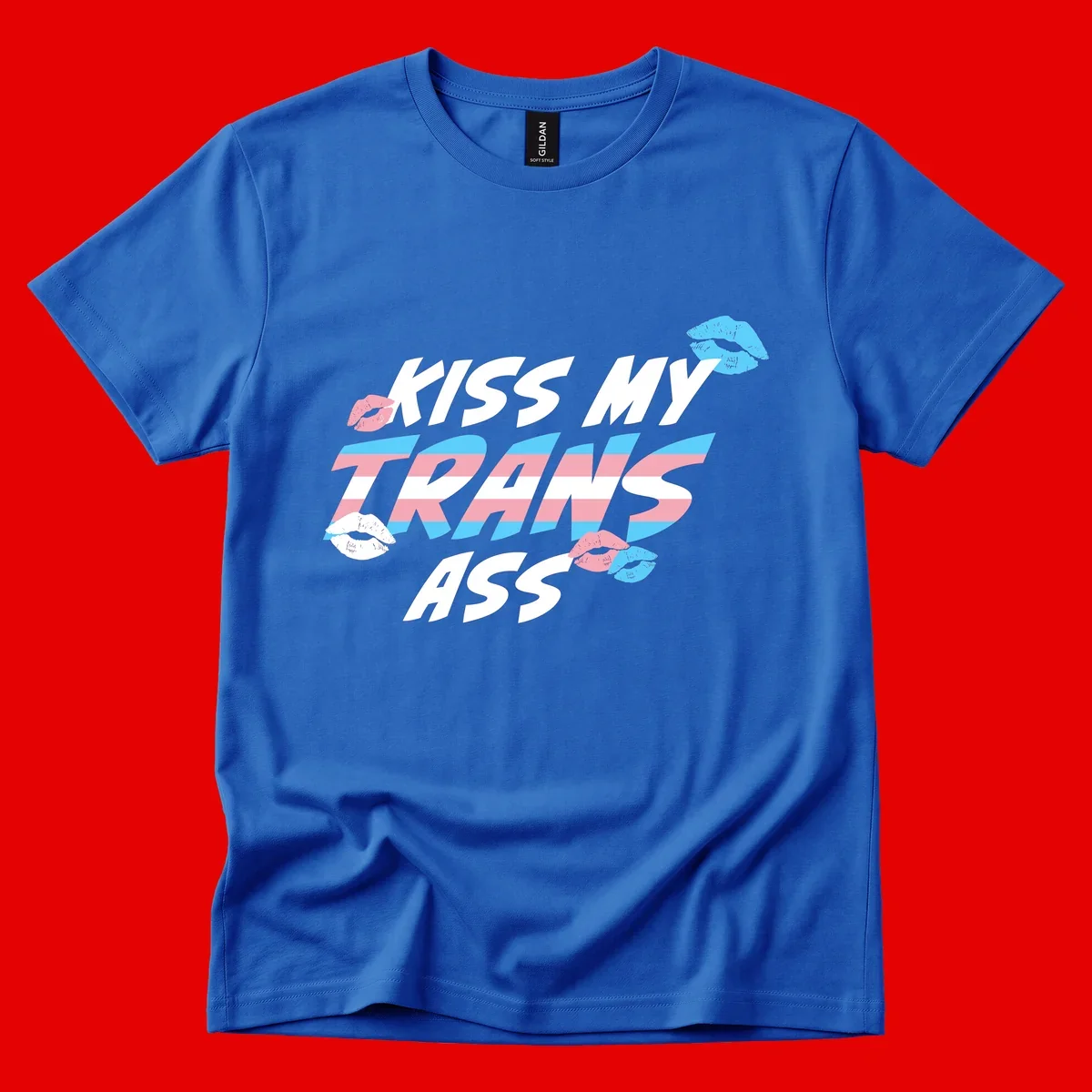 Kiss my trips ass design with trans flag striped text and colorful lip illustrations on gray background