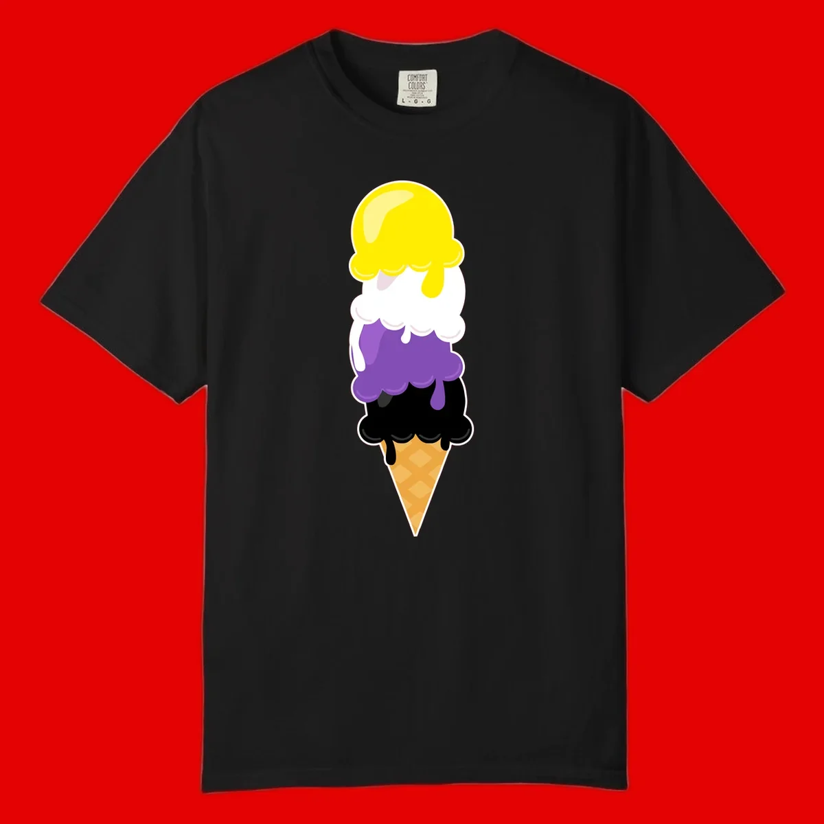 Rainbow drip ice cream cone illustration with yellow, white, purple, and black scoops stacked on waffle cone with dripping effect