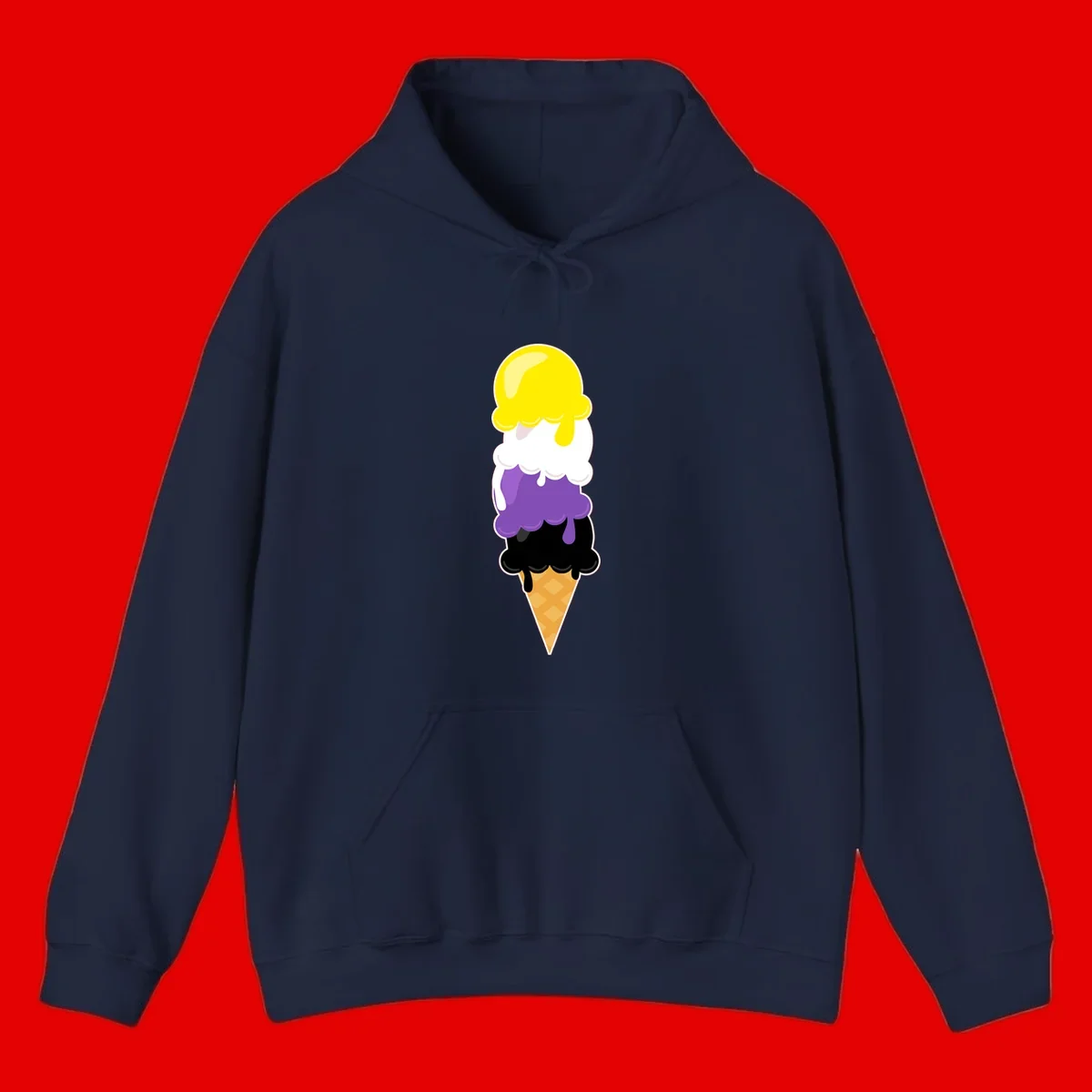 Rainbow drip ice cream cone illustration with yellow, white, purple, and black scoops stacked on waffle cone with dripping effect