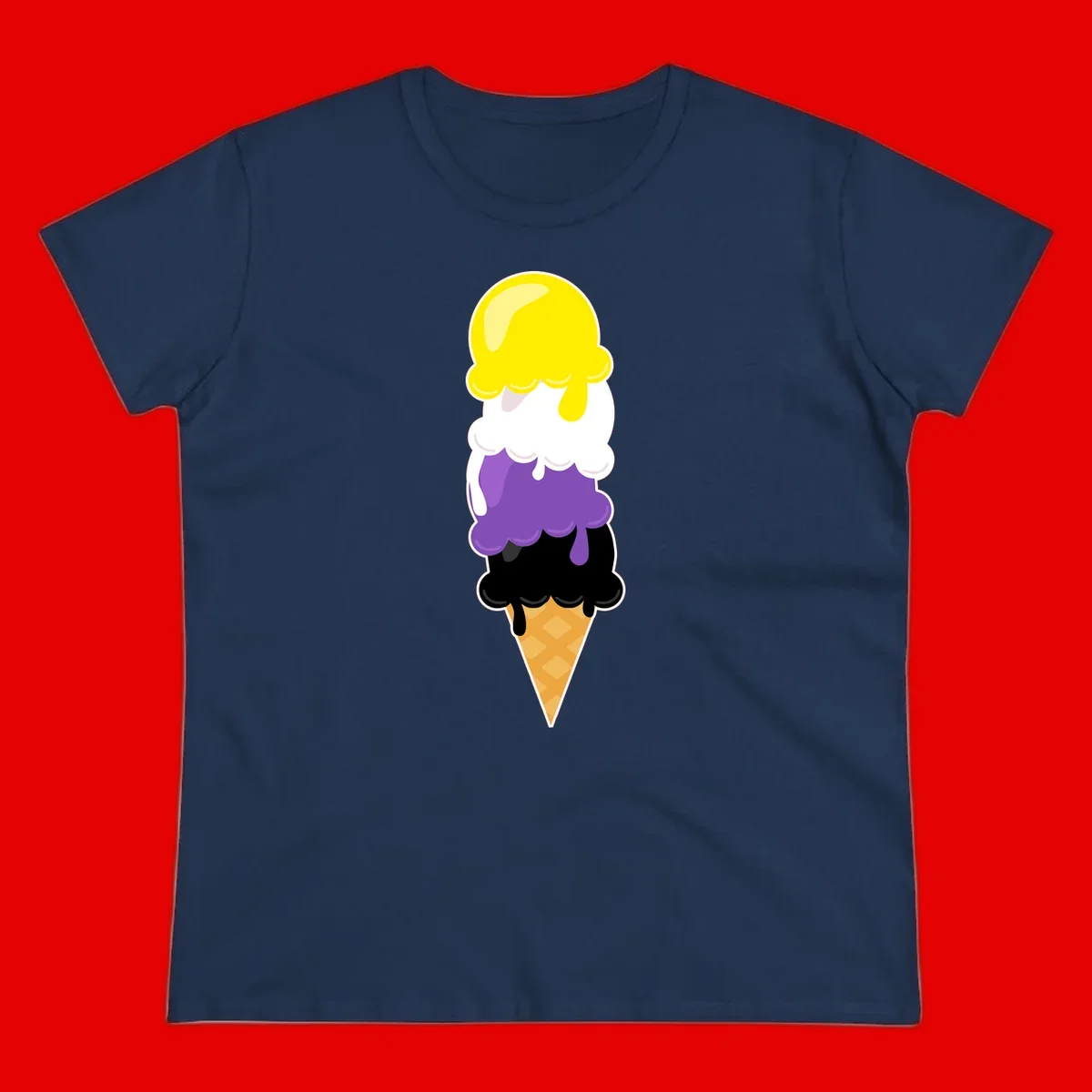 Rainbow drip ice cream cone illustration with yellow, white, purple, and black scoops stacked on waffle cone with dripping effect
