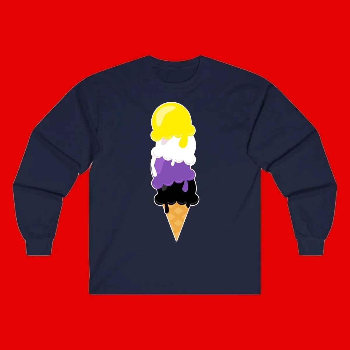 Rainbow drip ice cream cone illustration with yellow, white, purple, and black scoops stacked on waffle cone with dripping effect
