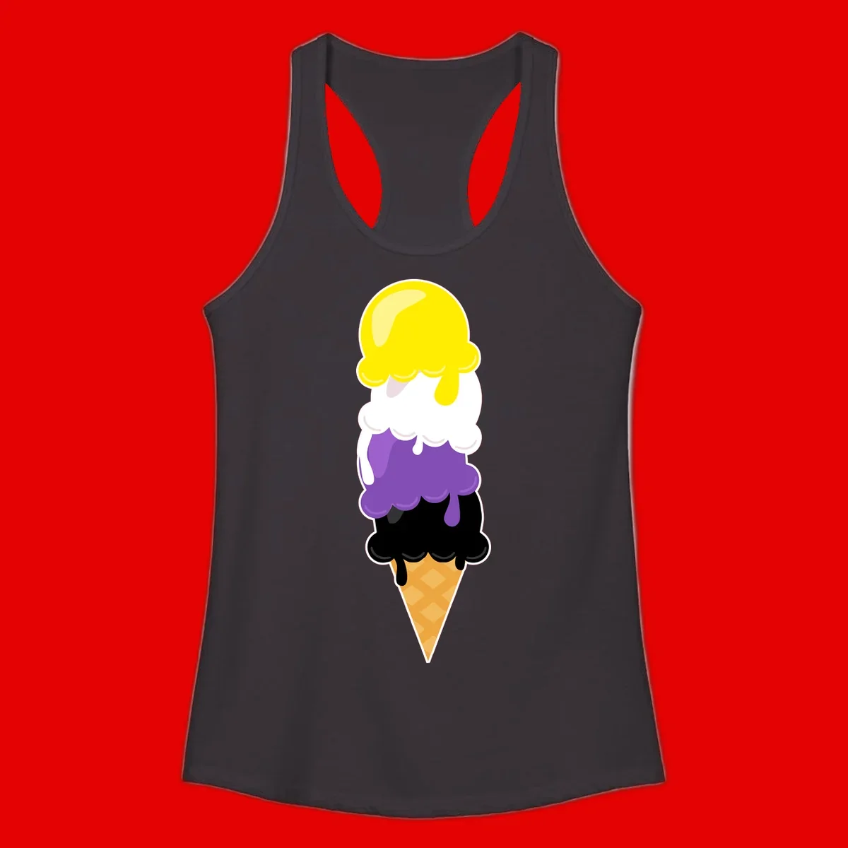 Rainbow drip ice cream cone illustration with yellow, white, purple, and black scoops stacked on waffle cone with dripping effect