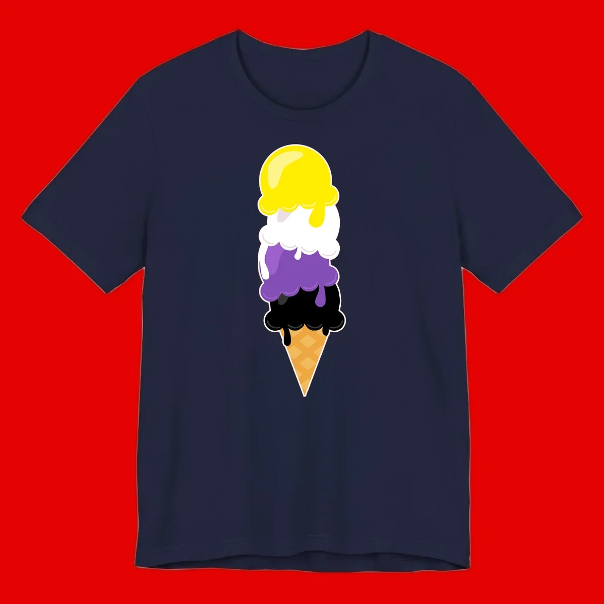 Rainbow drip ice cream cone illustration with yellow, white, purple, and black scoops stacked on waffle cone with dripping effect