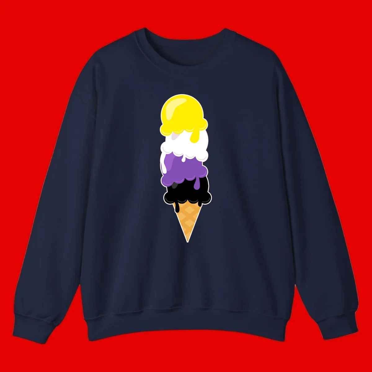 Rainbow drip ice cream cone illustration with yellow, white, purple, and black scoops stacked on waffle cone with dripping effect