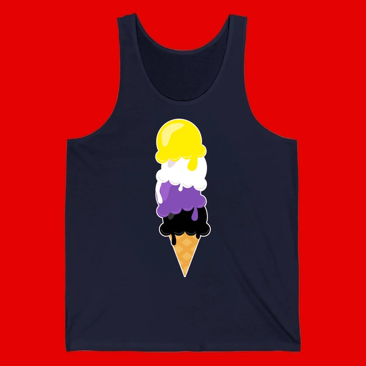 Rainbow drip ice cream cone illustration with yellow, white, purple, and black scoops stacked on waffle cone with dripping effect