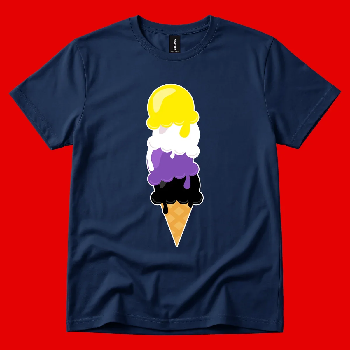 Rainbow drip ice cream cone illustration with yellow, white, purple, and black scoops stacked on waffle cone with dripping effect